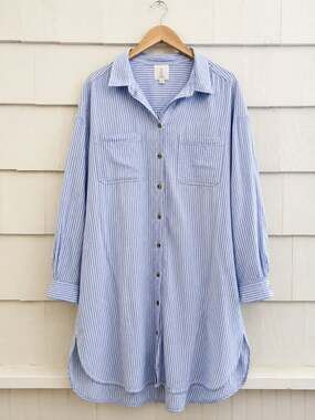 H&M Blue & White Striped Linen Blend Oversized Shirt Dress Tunic